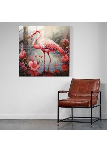 Sakin Gölet Flamingo Cam Baskı - Flamingo, Sakin Gölet, Ev Dekorasyonu, Cam Duvar Tablosu, 30X30