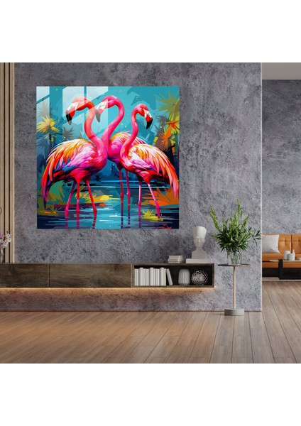 Şakacı Flamingo Pop Art Cam Baskı - Flamingo, Duvar Süslemesi, Cam Sanatı, Şakacı Aranjman, 30X30 modelleri