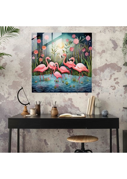 Kaprisli Suluboya Flamingo Cam Baskı - Flamingo, Modern Sanat, Duvar Dekorasyonu, Cennet, 30X30 fiyatları