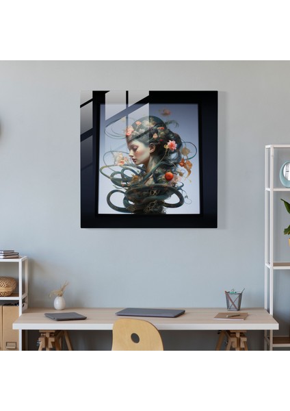 Medusa Cam Baskı - Sembolik Yılanlar ve Çiçeklerle Iç Içe Çağdaş Profil - Medusa, Cam Sanatı, Ev Dekorasyonu, Cam Duvar Sanatı, 30X30