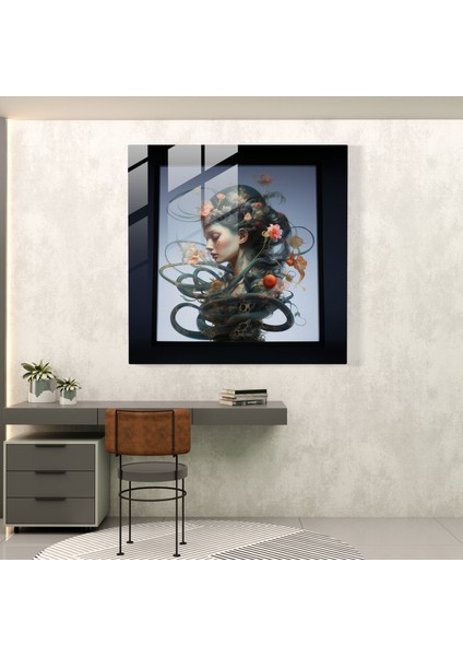 Medusa Cam Baskı - Sembolik Yılanlar ve Çiçeklerle Iç Içe Çağdaş Profil - Medusa, Cam Sanatı, Ev Dekorasyonu, Cam Duvar Sanatı, 30X30