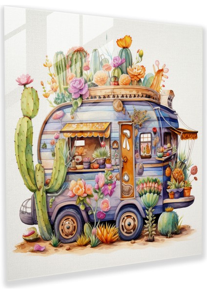 Kaprisli Karavan Cam Baskı - Karavan, Suluboya Resim, Duvar Süslemesi, Çiçekler, 30X30