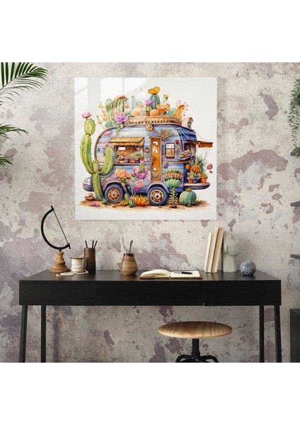 Kaprisli Karavan Cam Baskı - Karavan, Suluboya Resim, Duvar Süslemesi, Çiçekler, 30X30 fiyatları