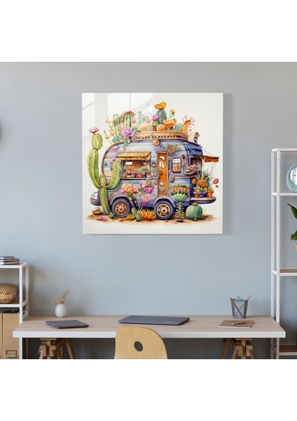 Kaprisli Karavan Cam Baskı - Karavan, Suluboya Resim, Duvar Süslemesi, Çiçekler, 30X30 modelleri