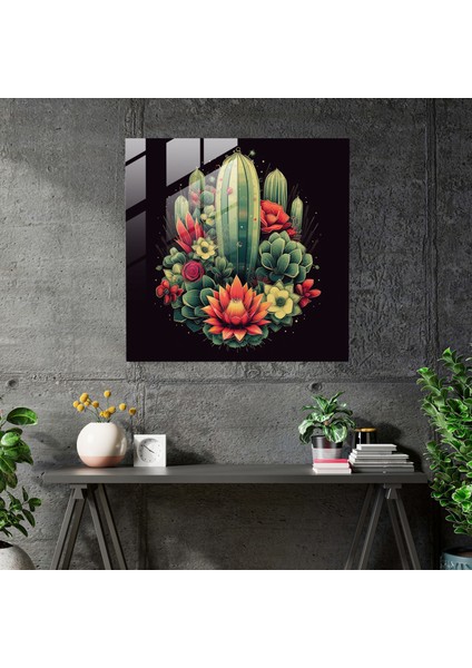 Geometrik Kaktüs Simetri Cam Duvar Sanatı - Kaktüs, Ev Dekorasyonu, Cam Sanatı, Modern Sanat, 30X30 fiyatları