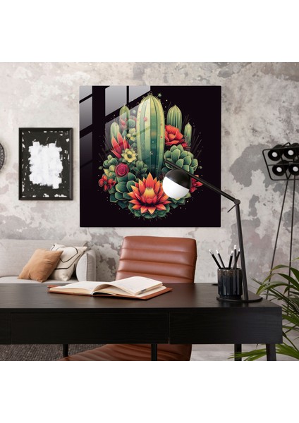 Geometrik Kaktüs Simetri Cam Duvar Sanatı - Kaktüs, Ev Dekorasyonu, Cam Sanatı, Modern Sanat, 30X30 modelleri