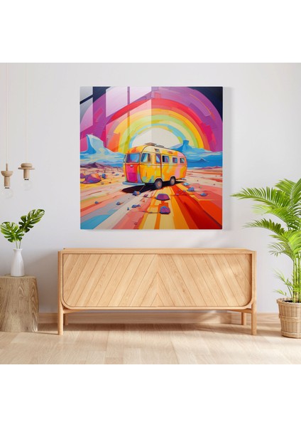 Renkli Karavan Cam Baskı - Karavan, Ev Dekorasyonu, Macera, Cam Duvar Tablosu, 50X50 fiyatları