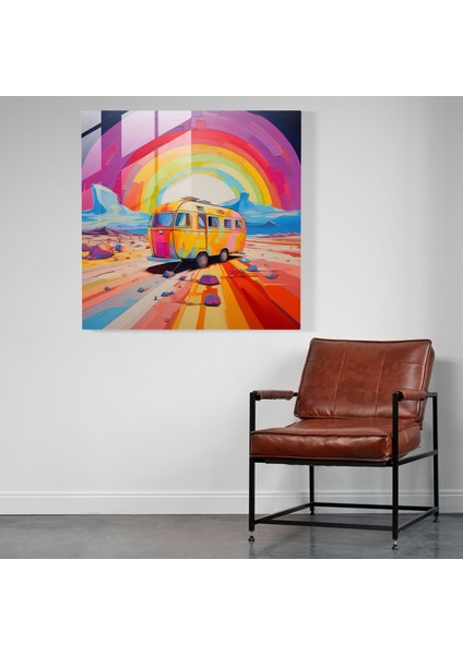 Renkli Karavan Cam Baskı - Karavan, Ev Dekorasyonu, Macera, Cam Duvar Tablosu, 50X50 modelleri