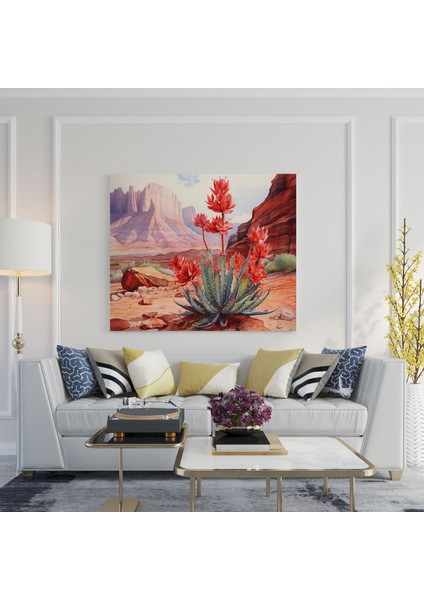 Çöl Kanvas Tablo - Canlı Suluboya Kaktüs Çiçeği Tablosu - Çöl, Ev Dekorasyonu, Duvar Dekorasyonu, Kırmızı Kaya Oluşumları, 30X30
