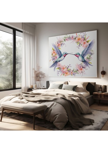 Sinek Kuşu Çiçek Çelenk Duvar Tablosu - Sinek Kuşu, Pastel Renkler, Duvar Sanatı, Ev Dekorasyonu, 50X50
