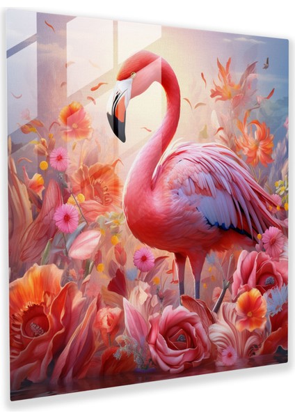 Çiçek Açan Flamingo Cam Baskı - Flamingo, Modern Sanat, Cam Baskı, Açan Çiçekler, 30X30