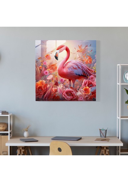 Çiçek Açan Flamingo Cam Baskı - Flamingo, Modern Sanat, Cam Baskı, Açan Çiçekler, 30X30