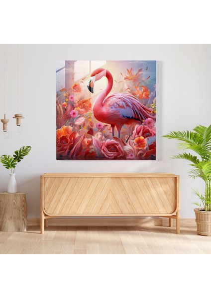 Çiçek Açan Flamingo Cam Baskı - Flamingo, Modern Sanat, Cam Baskı, Açan Çiçekler, 30X30