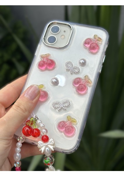 Paladyum Case iPhone 11 Uyumlu Kirazlı Simli Boncuklu Şeffaf Kılıf