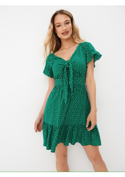 Kadın Mini Elbise Eteği ve Kolları Fırfırlı V Yaka Göğüs Kuşak Bağlamalı Model Penye Kumaş fiyatları