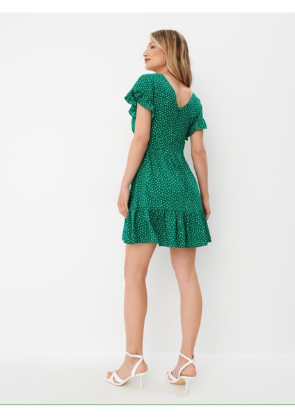 Kadın Mini Elbise Eteği ve Kolları Fırfırlı V Yaka Göğüs Kuşak Bağlamalı Model Penye Kumaş modelleri