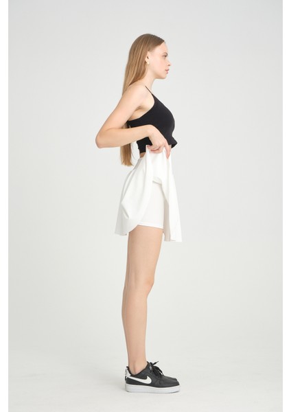 Siyah Yüksek Bel Volanlı Şortlu Spor Etek Deniz Şortu Skirt Withh