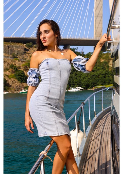 Denim kollu buz mavi Straplez Elbise fiyatları