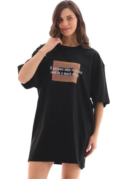 Bisiklet Yaka Baskılı Oversize T-Shirt - Siyah