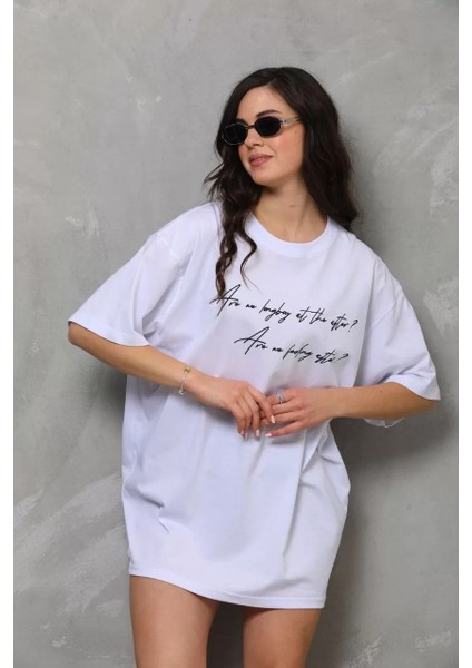 Unisex Bisiklet Yaka Baskılı Oversize T-Shirt - Beyaz