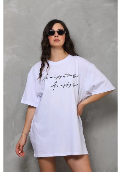 Unisex Bisiklet Yaka Baskılı Oversize T-Shirt - Beyaz