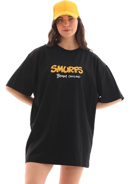 Unisex Bisiklet Yaka Baskılı Oversize T-Shirt - Siyah
