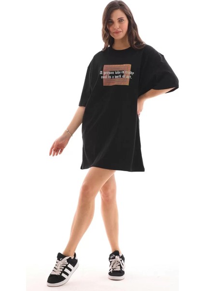 Unisex Bisiklet Yaka Baskılı Oversize T-Shirt - Siyah