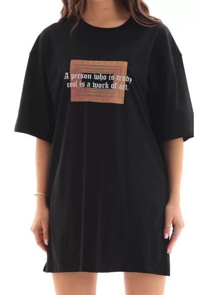 Unisex Bisiklet Yaka Baskılı Oversize T-Shirt - Siyah