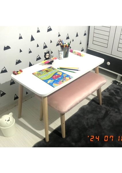 E-Koc Wood Design Lilyum Çoçuk Montessori Çalışma Masası 1 Adet Puf Etkinlik Masası Aktivite Masa Takımı