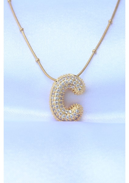 C Harfli Bubble Zirkon Taşlı Altın/gold Renk Çelik Zincir Kolye 316L
