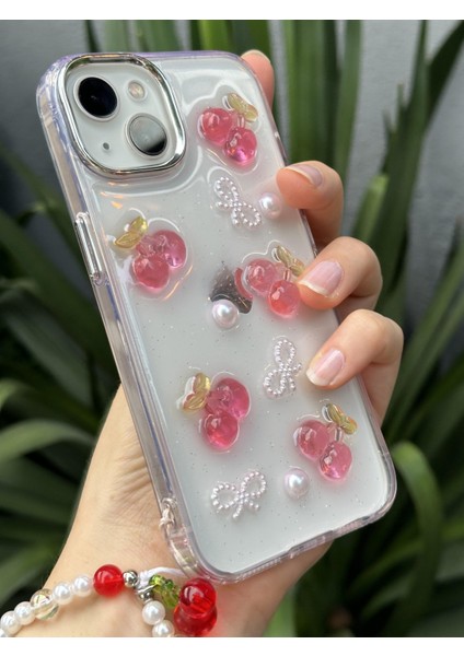 Paladyum Case iPhone 15 Plus Uyumlu Kirazlı Simli Boncuklu Şeffaf Kılıf