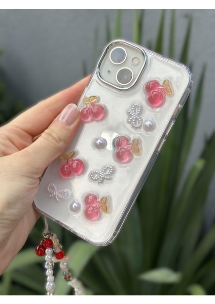 Paladyum Case iPhone 15 Plus Uyumlu Kirazlı Simli Boncuklu Şeffaf Kılıf