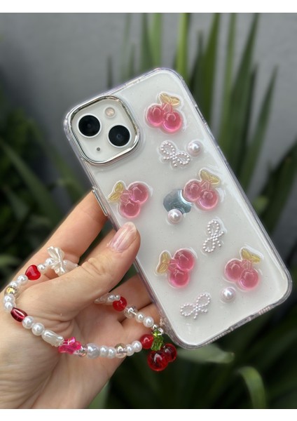 Paladyum Case iPhone 15 Plus Uyumlu Kirazlı Simli Boncuklu Şeffaf Kılıf