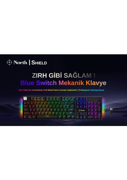 Shield Blue Switch Türkçe Q RGB Full Metal Panel Mekanik Gaming Klavye - Siyah