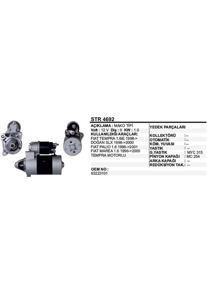 Marş Motoru 12V 1,0Kw 9 Diş Tempra Tipo Doğan Slx 98+ Palio Marea 1,6 63223101 Str4692 Dodo