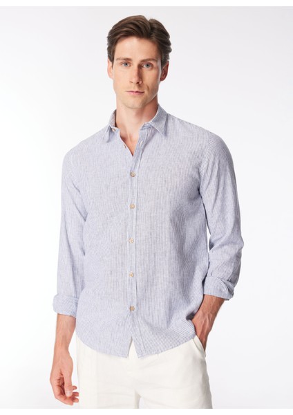Slim Fit Gömlek Yaka Çizgili Lacivert - Beyaz Erkek Gömlek CE921SS Gömleklacivert-Beyaz