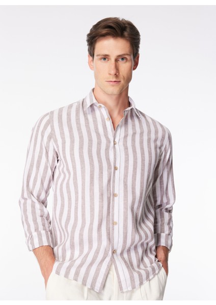 Slim Fit Gömlek Yaka Çizgili Beyaz - Kahverengi Erkek Gömlek CE923SS Gömlekbeyaz-Kahve
