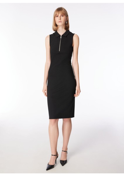 Polo Yaka Düz Siyah Midi Kadın Elbise F4SL-ELB W36