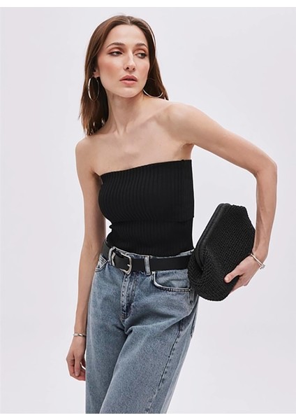 Straplez Yaka Fitilli Siyah Kadın Bluz Siyah Katlı Straplez Triko Bluz