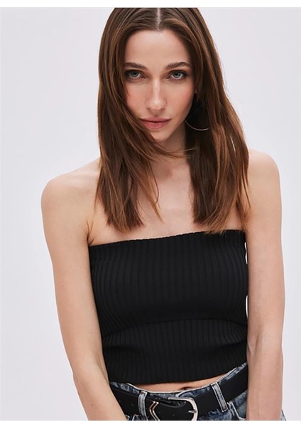 Straplez Yaka Fitilli Siyah Kadın Bluz Siyah Katlı Straplez Triko Bluz fiyatları