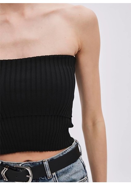 Straplez Yaka Fitilli Siyah Kadın Bluz Siyah Katlı Straplez Triko Bluz modelleri