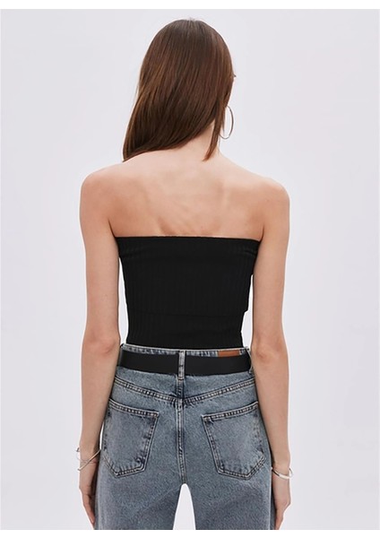 Straplez Yaka Fitilli Siyah Kadın Bluz Siyah Katlı Straplez Triko Bluz fırsatları