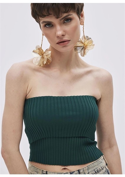 Straplez Yaka Fitilli Yeşil Kadın Bluz Yeşil Katlı Straplez Triko Bluz fiyatları