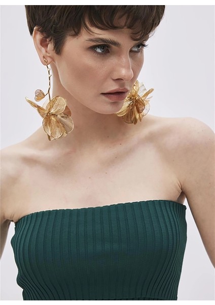 Straplez Yaka Fitilli Yeşil Kadın Bluz Yeşil Katlı Straplez Triko Bluz modelleri