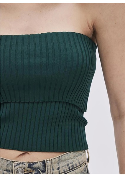 Straplez Yaka Fitilli Yeşil Kadın Bluz Yeşil Katlı Straplez Triko Bluz fırsatları