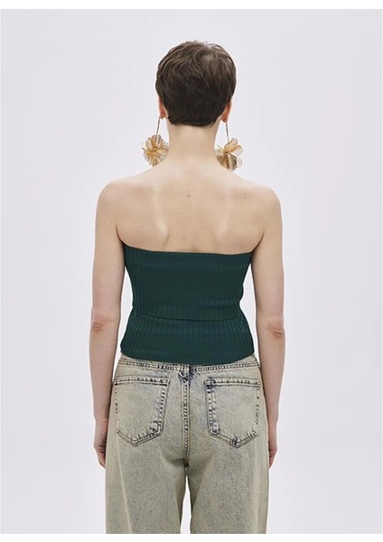 Straplez Yaka Fitilli Yeşil Kadın Bluz Yeşil Katlı Straplez Triko Bluz indirimleri