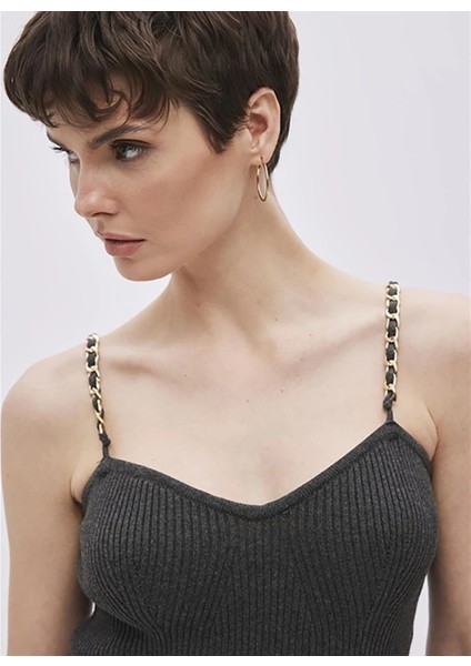 V Yaka Fitilli Antrasit Midi Kadın Elbise Antrasit Pamuklu Zincir Askılı Midi fiyatları