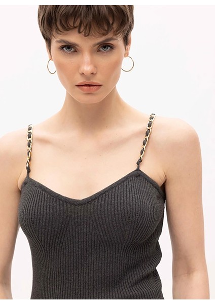 V Yaka Fitilli Antrasit Midi Kadın Elbise Antrasit Pamuklu Zincir Askılı Midi modelleri