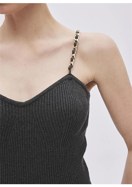 V Yaka Fitilli Antrasit Midi Kadın Elbise Antrasit Pamuklu Zincir Askılı Midi fırsatları
