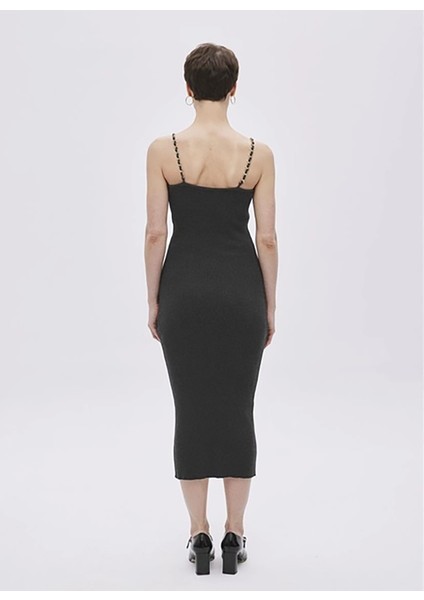 V Yaka Fitilli Antrasit Midi Kadın Elbise Antrasit Pamuklu Zincir Askılı Midi indirimleri